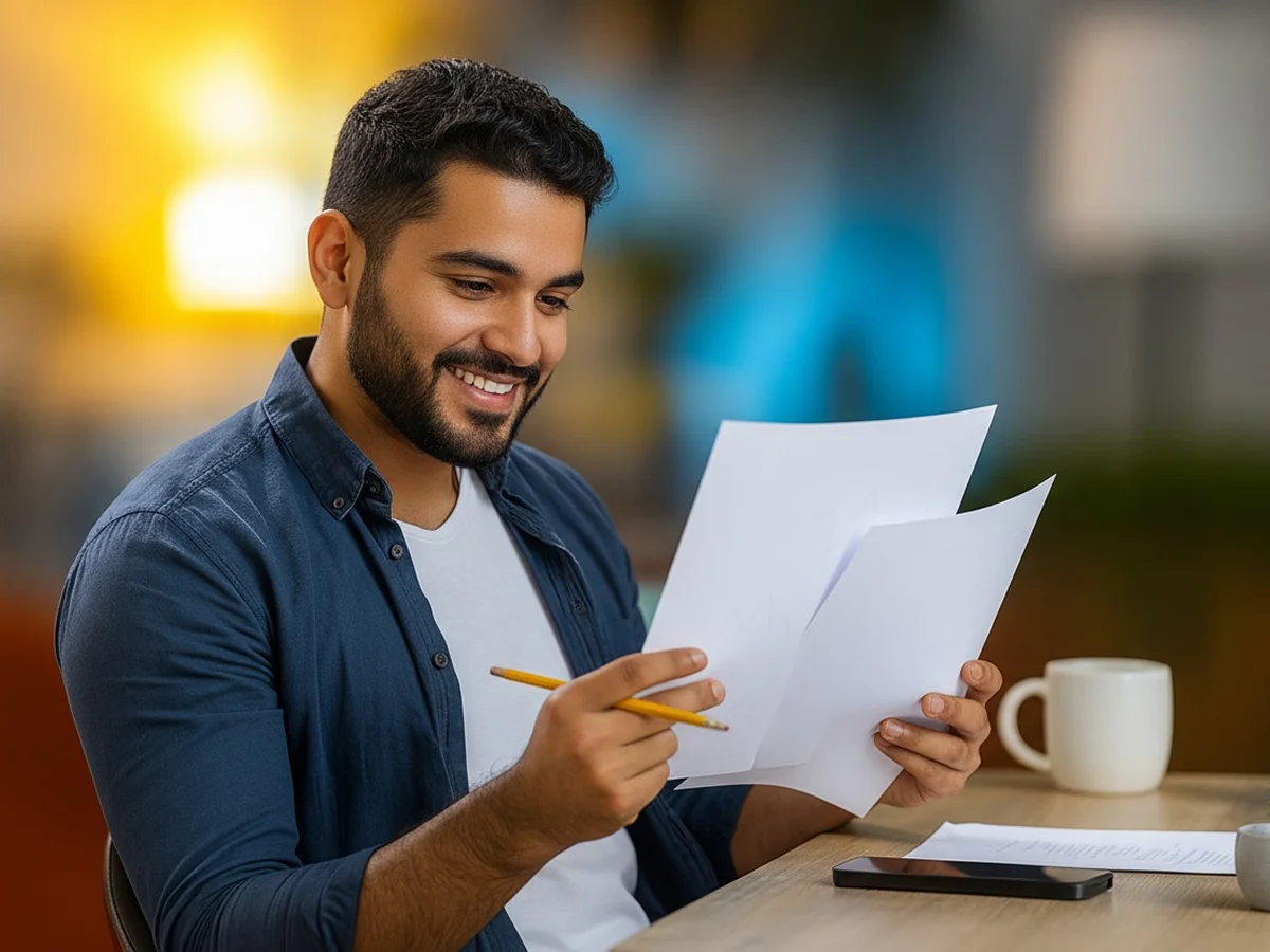 Hombre sosteniendo papeles sonriente