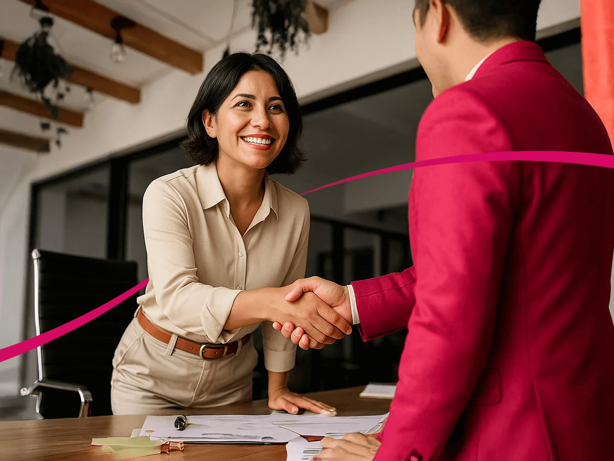 Asesor dando mano a mujer sonriendo