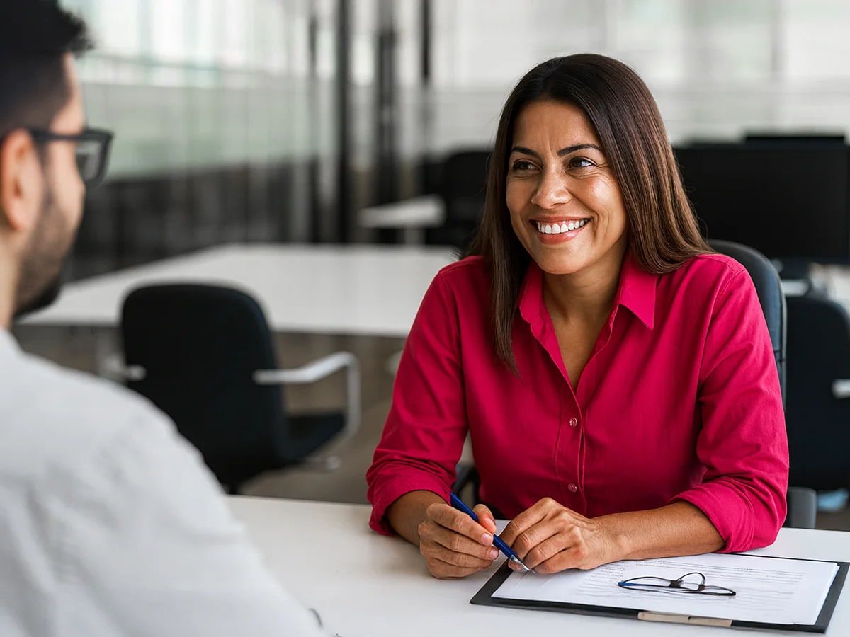 Asesora sonriendo ayudando a una persona