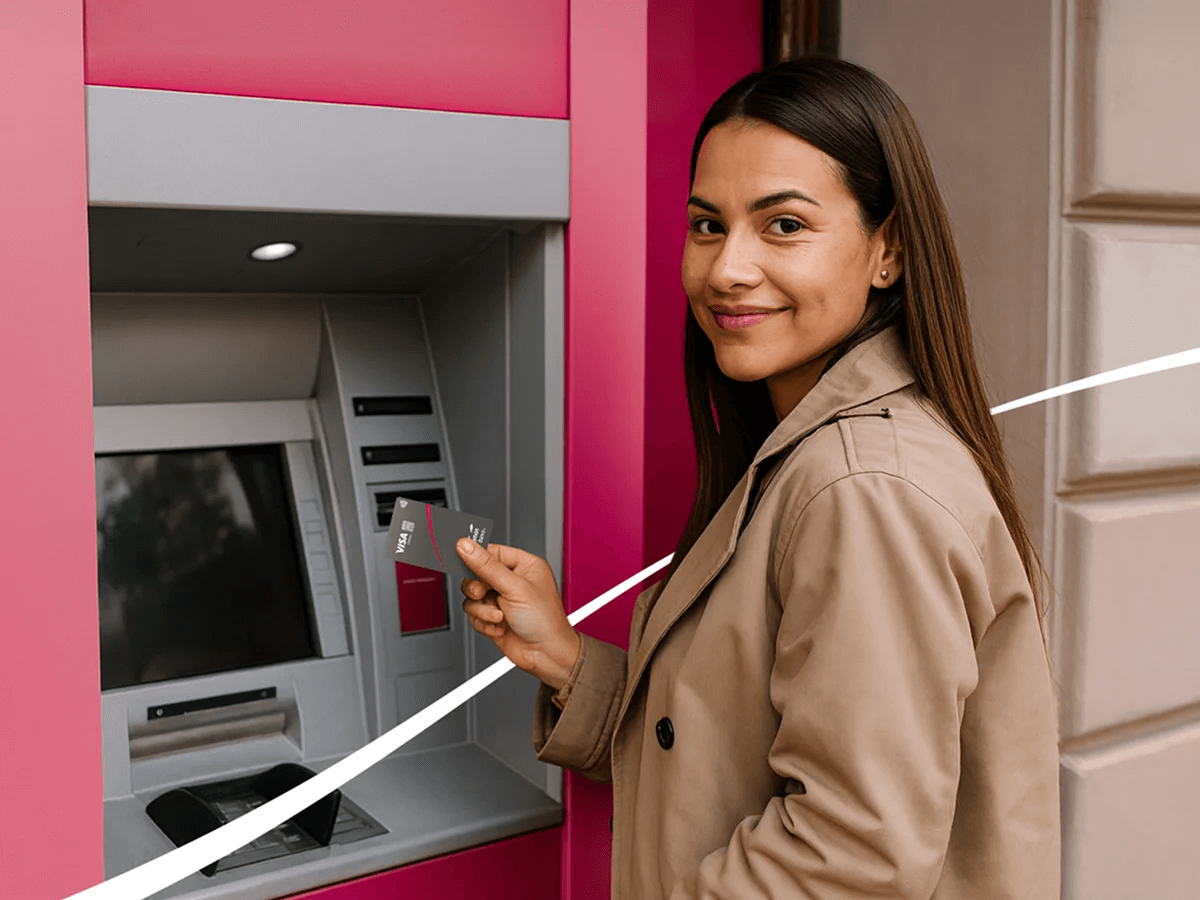 Mujer joven con tarjeta compartamos en un ATM