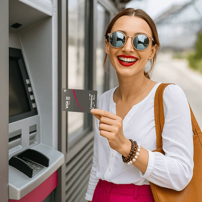 Mujer sosteniendo tarjeta compartamos cerca de ATM