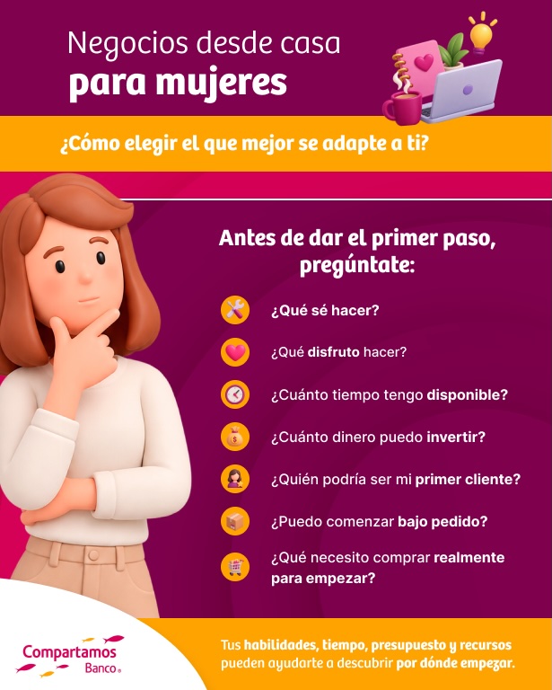 Preguntas para elegir un negocio desde casa según habilidades, tiempo y presupuesto.
